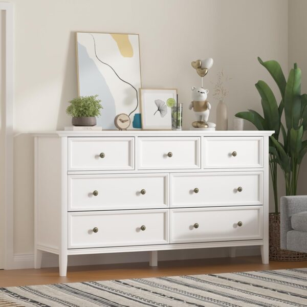 IKENO White 7 Drawer Dresser for Bedroom, Modern Solid Wood Large Storage Cabinet, Simple White Chest of Drawer for Bedroom Living Room Hallway Entryway (White) - Image 7
