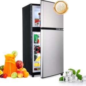 FLS-90-SILVER 4.0Cu.Ft Compact, Small Refrigerator with Freezer, Retro Fridge with Dual Door, 7 Level Adjustable Thermostat for Garage, Dorm,Bedroom, Office, Silver