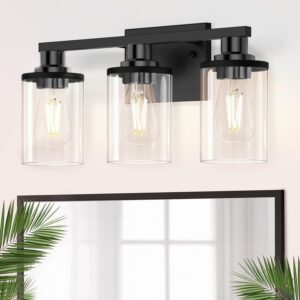 DORESshop 20 Inch Bathroom Light Fixtures, 3-Light Black Bathroom Lighting Fixtures Over Mirror with Clear Glass Shade, Vanity Lights for Bathroom Living Room Bedroom, ETL Listed