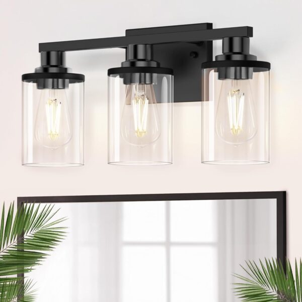 DORESshop 20 Inch Bathroom Light Fixtures, 3-Light Black Bathroom Lighting Fixtures Over Mirror with Clear Glass Shade, Vanity Lights for Bathroom Living Room Bedroom, ETL Listed