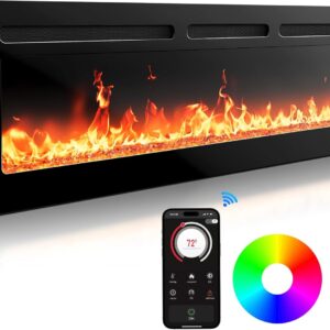 Silonn 60″ Electric Fireplace Heater with App & Remote Control, 5300 BTU Heat Output, Ultra-Slim Wall-Mounted or Recessed Electric Fireplace Inserts with Timer, 20 Flame Colors, SLELF02B-60