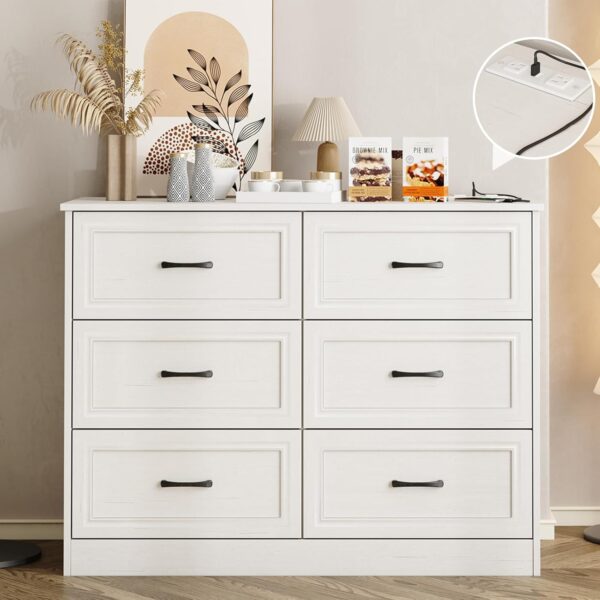 Fameill Dresser for Bedroom, 6 Drawer Wide Dresser Organizer with Charging Station, Tall Dresser for Hallway, Wood Dresser with Metal Handles, Woodgrain White