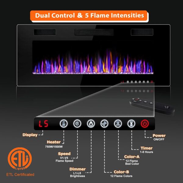 Electic Fireplace, 50" Recessed and Wall Mounted Electric Fireplace, Ultra-Thin Electric Fireplace Inserts Heater, 750W/1500W Fire Places Insert and Wall Electric Fireplace with Remote Control - Image 3