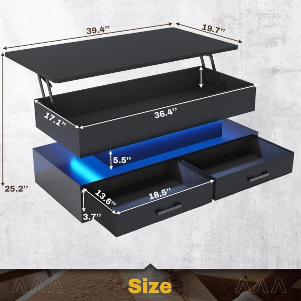 SEDETA 40" Lift Top Coffee Table, Coffee Tables with Storage for Living Room, Small Coffee Table with 2 Fabric Drawers & LED Light for Dining Reception Room, Black - Image 2
