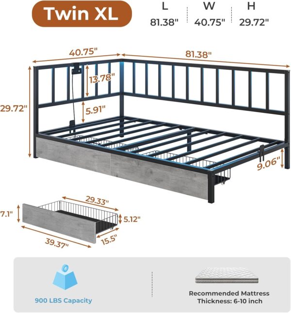 DICTAC Twin XL Corner Bed Frame with Led Lights and 2 Storage Drawers Metal Platform Bed Frame with Charging Station Modern Twin XL Daybed Frame for Living Room, Bedroom and Guest Room, Black & Gray - Image 2