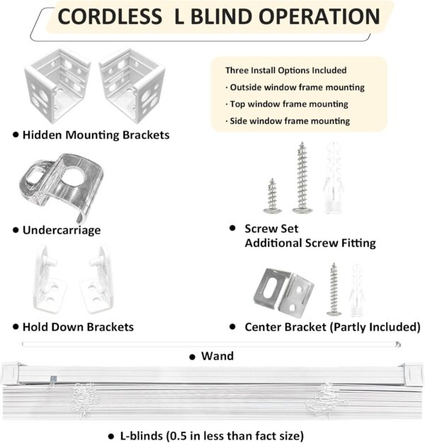 Cordless Vinyl Mini L Blinds 46" W x 48" H, 1" Slat White Horizontal Windows L Blind for Door, Shades, Camper, Light Filtering, Interiors, Arrive 1/2 Inch Narrower Indoor - Image 4