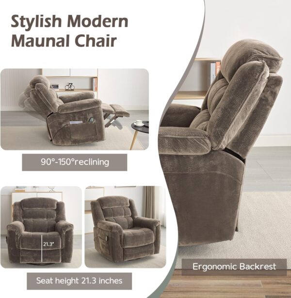 INZOY Oversized Swivel Rocker Recliner with Heat and Vibration, Manual Swivel Rocking Recliner Chair with Massage Vibrating, Overstuffed Soft Fabric Heated Recliner, 360 Swivel Glider Recliner, Brown - Image 6
