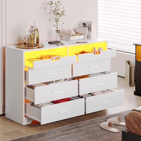 Hasuit 6 Drawers Dresser with LED Lights for Bedroom, Modern Double Dresser with 2 Pull-Out Trays, White Chest of Drawers Bedroom Storage Organizer, Dimensions 15.6" D x 42.6" W x 30.1" H - Image 5