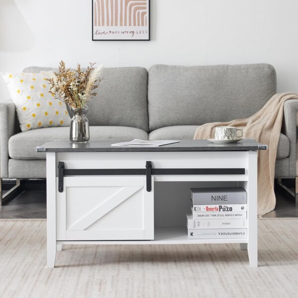 VINGLI White Charcoal Lift Top Coffee Table, 36" Small Farmhouse Barn Door Coffee Table with Storage, Rectangular Center Wood Coffe Table with Lifting Top, Living Room Tables with Hidden Compartment - Image 7