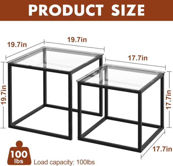 VILAWLENCE Coffee Table Set of 2, Modern Black Glass Side Table, Metal Frame Square End Table, Center Tables,Nesting Coffee Table for Living Room,Bedroom and Small Spaces - Image 2