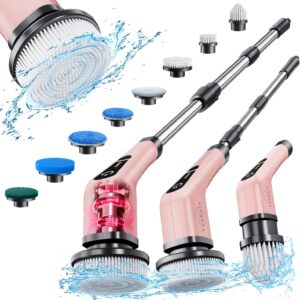 Leebein Electric Spin Scrubber, Cordless Powerful Scrub Brush for Cleaning Bathroom, Kitchen, Shower Tub and Floor Tile with Adjustable Extension Long Handle and 8 Replaceable Brush Heads (ANS-Rose)