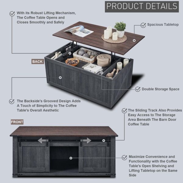 48" Lift Top Coffee Table, Farmhouse Cocktai with Sliding Groove Barn Door, Rustic Wood Center Table w/Double Storage Spaces for Living Room, Dark Grey - Image 4