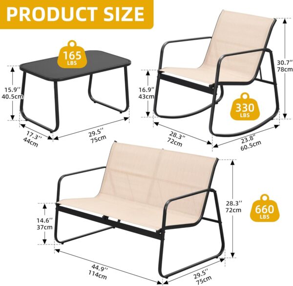 DWVO 4 Piece Patio Furniture Set, Outdoor Conversation Sets for Patio, Lawn, Garden, Poolside with Rocking Chair Set of 2 and Glass Coffee Table - Brown - Image 4