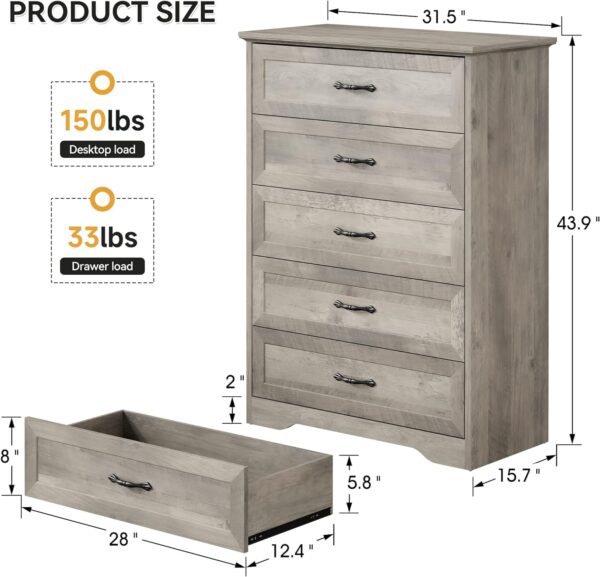 IDEALHOUSE Modern 5 Drawers Dresser, Chest of Drawers Closet Organizers and Storage Clothes, Modern Dressers for Closet Living Room, Kids Bedroom (5 Drawers Dresser, Grey) - Image 2