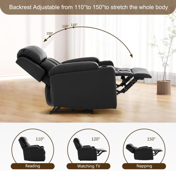 Furnimart Oversized Manual Recliner Chair, Faux Leather Chair with Chunky Overstuffed Cushion, Single Sofa Recliner for Adults for Home Theater Living Room Bedroom (PU Black) - Image 3