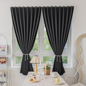 Magic Tape Stick on Curtains Blackout Curtains for Bedroom no Drillng Self Adhesive Curtain no Rod Small Window (Black, 35" W x 40" L) 2 Panels