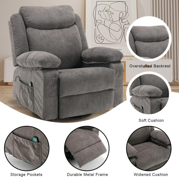 Massage Rocker Recliner Chair with Heat, Overstuffed Rocking Swivel Singl Sofa Fabric Manual Reclining Home Theater Recliners Lounge Chairs for Living Room - Image 7