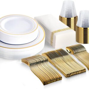 M MCIRCO 175 Piece Gold Dinnerware Set - 50 Gold Rim Plastic Plates - 25 Gold Plastic Silverware - 25 Gold Plastic Cups - 25 Gold Paper Napkins, 25 Guest Disposable Gold Dinnerware Set