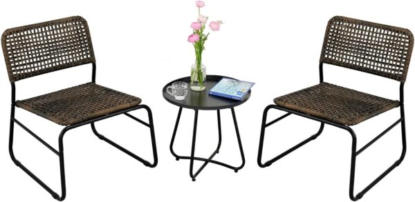 3 Pieces Patio Conversation Bistro Set, Outdoor FurnitureBistro Set, Outdoor Rattan Furniture with Round Table and 2 Armchairs for Lawn, Garden, Balcony, Poolside, Steel Frame, Black