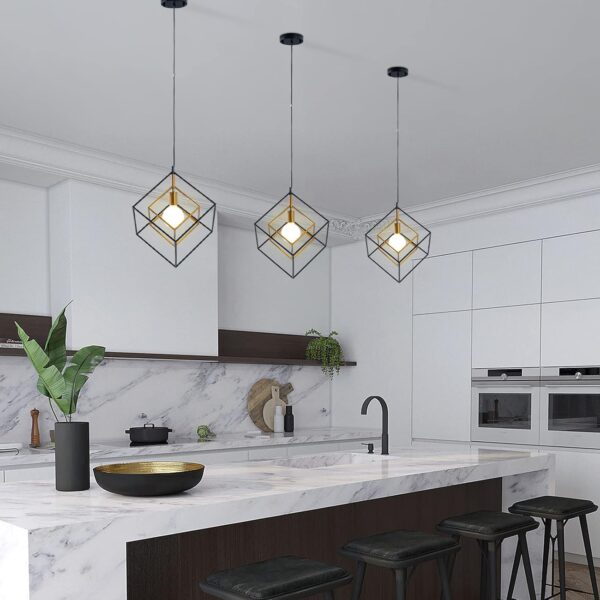 Modern Geometric Chandelier, 1-Light Metal Pendant Light Fixture Black Brass Hanging Ceiling Light Industrial Farmhouse Cube Lighting for Kitchen Island Entryway, E26 Base - Image 6