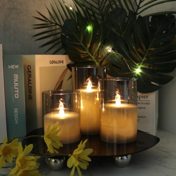 GenSwin Gray Glass Battery Operated Flameless Led Candles with 10-Key Remote and Timer, Real Wax Candles Warm White Flickering Light for Home Decoration(Set of 3) - Image 3