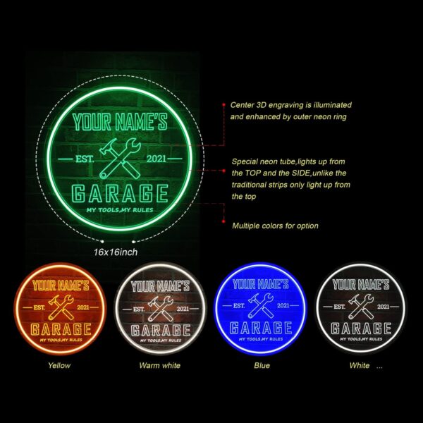 Custom Garage Neon Sign, Personalized Name Neon Garage Light Sign, Wall Décor Light Up Man Cave LED Neon Sign for Garage, Men, Dad Gift, 16x16” Round (Garage Neon Sign 2) - Image 4