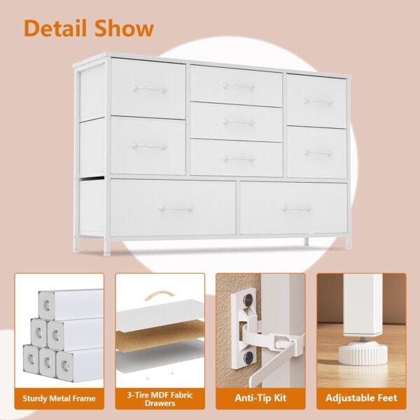 Furnulem White Dresser with 9 Large Drawers for 55'' Long TV Stand Entertainment Center,Wood Shelf Storage for Bedroom,Living Room,Closet,Entryway,Sturdy Metal Frame - Image 6