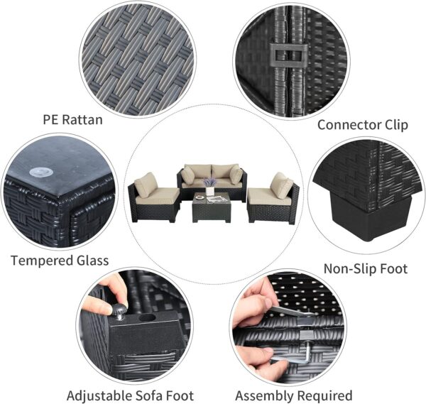 Outdoor Patio PE Wicker 5 Piece Furniture Set, Black Rattan Sectional Conversation Sofa Chair with Coffee Table,Khaki Cushion - Image 4