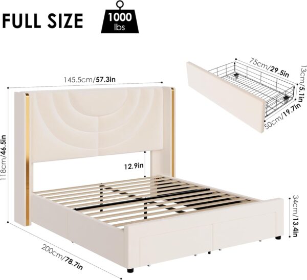 HITHOS Full Upholstered LED Bed Frame with 2 Storage Drawers, Velvet Platform Bed with Wingback Headboard, Solid Wooden Slats Support, No Box Spring Needed, Headboard Splicing Design, Beige - Image 2