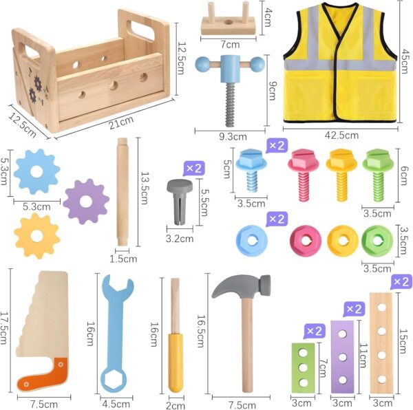 Wooden Tool Set for Kids, 30 PCS Toddler Tool with Vest, Montessori STEM Educational Pretend Play Construction Toy for 3 4 5 6 Year Old, Preschool Learning Activities Birthday Gifts for Boys Girls - Image 6