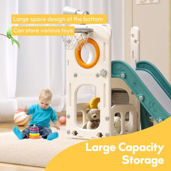 6 in 1 Toddler Playset with Slide,Toddler Slide,Slide for Kids with Basketball Hoop,Ball,Ring Toss,Kids Slide Toddler Playground Toddler Slide Indoor Outdoor Toys (6 in 1, White Orange) - Image 5