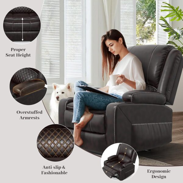 Recliner Chairs for Adults, Oversize Manual Reclining Chair with 2-Tier Cushions, Faux Leather Recliner Chair with Hidden Storage Space, Living Room Recliner Chairs with Cup Holders - Brown - Image 4