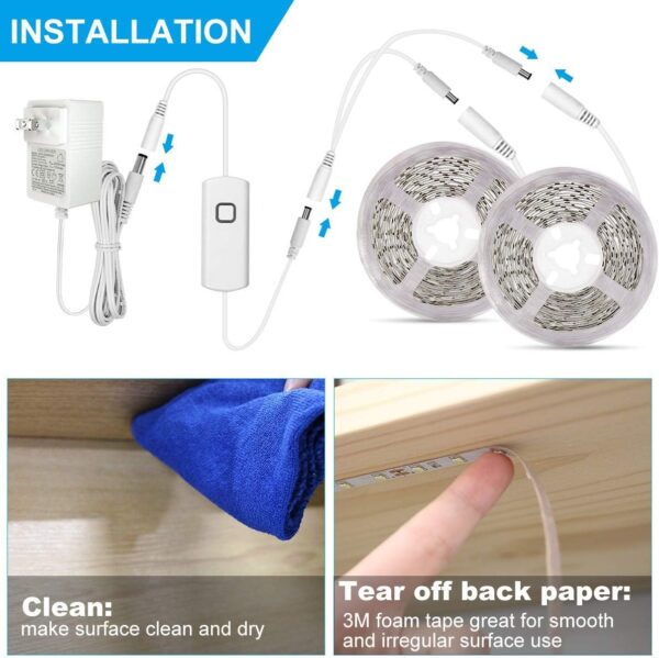 MYPLUS Under Cabinet Lighting Kit, 32.8 Ft Dimmable Led Strip Lights with 600 LEDs,12V, Low Power Safety Adapter, Flexible Tape Light for Kitchen Cabinet,Bedroom,Counter,Shelf (Warm White-3000k) - Image 5