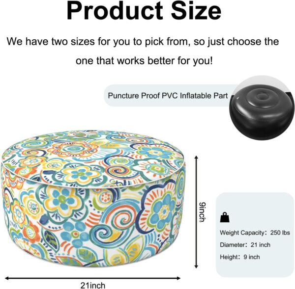 Inflatable Ottoman for Outdoor/Indoor Use,Portable Foot Stool with Handle,Water Repellent Footrest Pouf Ottoman Suitable for Patio,Camping,Deck and Travel(D21 x H9,Flower Blue) - Image 2