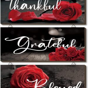 Hillban 3 Pieces Rose Wooden Wall Decor Thankful Grateful Blessed Wooden Signs Inspirational Wall Art Signs Wedding Wall Decor for Room Kitchen Bathroom (Red,10 x 4 Inch)