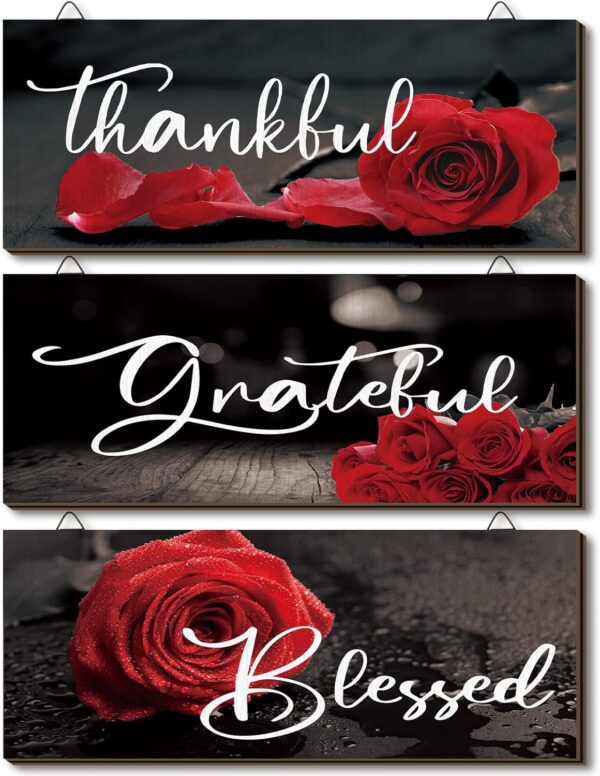 Hillban 3 Pieces Rose Wooden Wall Decor Thankful Grateful Blessed Wooden Signs Inspirational Wall Art Signs Wedding Wall Decor for Room Kitchen Bathroom (Red,10 x 4 Inch)