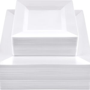 SETUP [100 Piece Combo White Square Plates, Disposable Plastic Plates - Premium Heavy-Duty 50 Disposable 9.5" Dinner Party Plates and 50 Disposable 6.5" Salad Plates