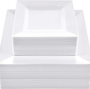 SETUP [100 Piece Combo White Square Plates, Disposable Plastic Plates - Premium Heavy-Duty 50 Disposable 9.5" Dinner Party Plates and 50 Disposable 6.5" Salad Plates