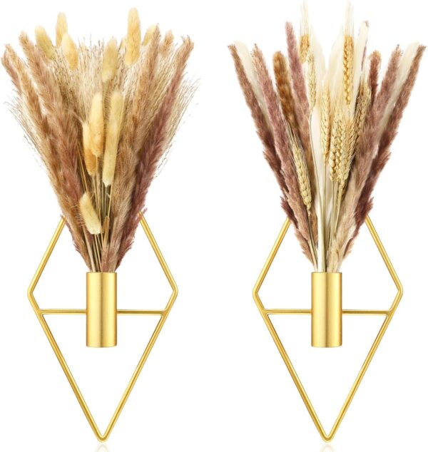 Peryiter 2 Pcs Small Boho Wall Decor Hanging Planters with Artificial Pampas Wall Mounted Metal Wall Decor Modern Home Decor Display Wall Art Bedroom Bathroom Living Room (Gold)