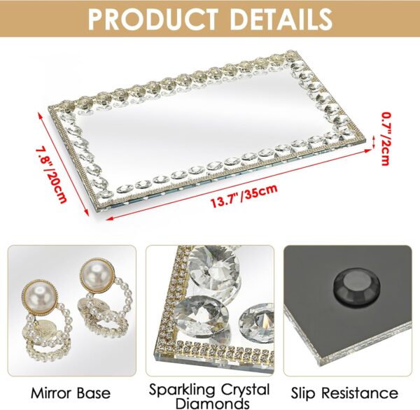Hipiwe Glass Vanity Tray - 13.7"x7.8" Mirror Decorative Tray Sparkling Crystal Perfume Tray Gorgeous Bathroom Organizer Tray for Makeup Jewelry Serving Tray for Coffee Table - Image 3