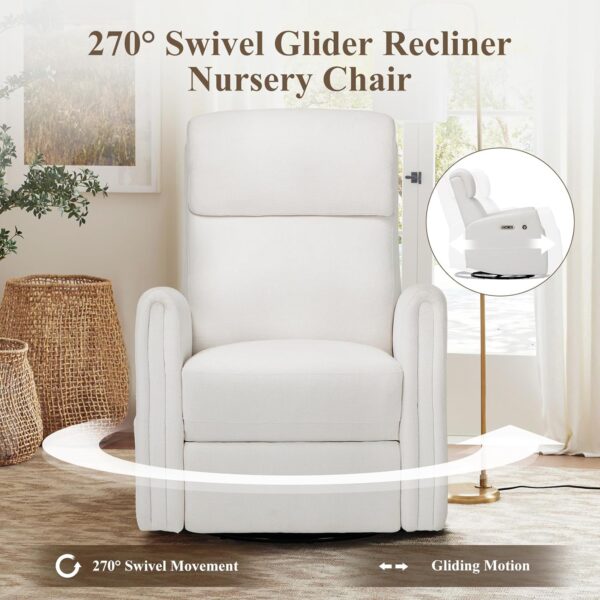COLAMY Power Swivel Glider Recliner Chair, Nursery Rocking Chair, Living Room Chair, 270° Swivel 145° Recliner Chair with Built-in Charging Ports for Living Room, Apartment, Home, White - Image 4