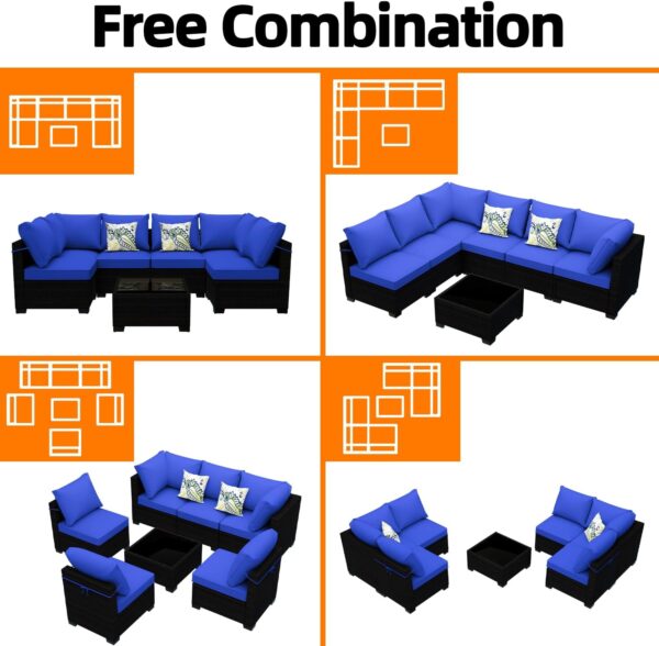 TINKLE WELL Outdoor Patio Furniture Set 7 Pieces Rattan Wicker Sectional Conversation Sofa with 6 Seat Cushions and 1 Tempered Glass Table, for Yard, Garden, Poolside - Image 5