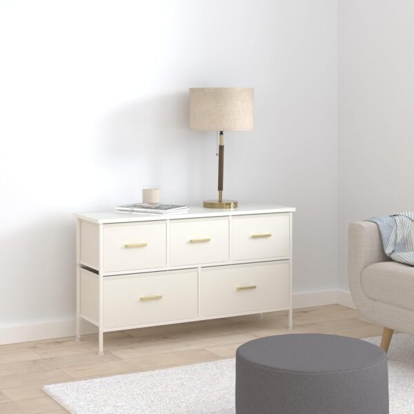 Dresser for Bedroom with 5 Drawers, White Dresser for Closet, Living Room, TV Stand, Nursery, Chest of Drawers with Sturdy Steel Frame, Leather Finish, Wood Top (Glacier White) - Image 2