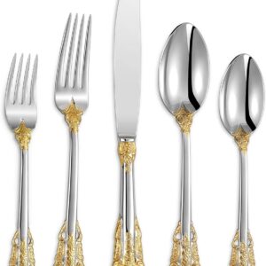 KEAWELL Luxury 20 Pieces 18/10 Stainless Steel Flatware set, Service for 4, silver plated with gold accents, Fine Silverware set and Dishwasher Safe (Gold Accent)