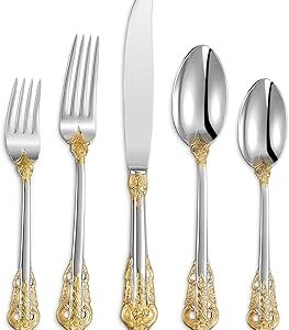 KEAWELL Luxury 20 Pieces 18/10 Stainless Steel Flatware set, Service for 4, silver plated with gold accents, Fine Silverware set and Dishwasher Safe (Gold Accent)
