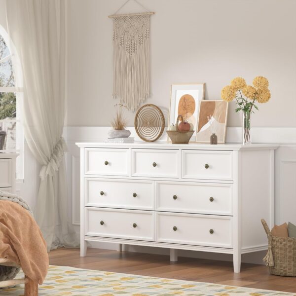 IKENO White 7 Drawer Dresser for Bedroom, Modern Solid Wood Large Storage Cabinet, Simple White Chest of Drawer for Bedroom Living Room Hallway Entryway (White) - Image 3