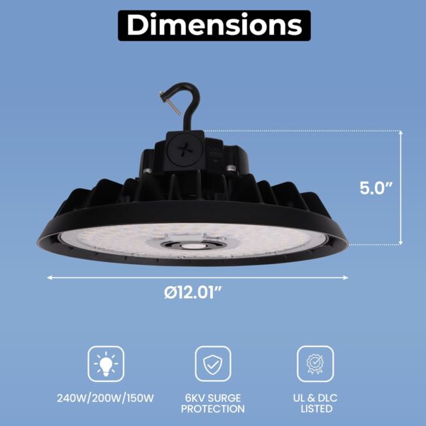NBL LED UFO High Bay Light | Adj. Wattage 150W/200W/240W | 40,800 Lumens | 5000K Daylight | 120-277Vac | IP65 Waterproof | UL & DLC Listed | Ideal for Warehouse, Factory, Gym, and Industrial Lighting - Image 7