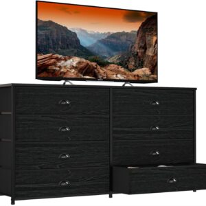 Furnulem Wide Dresser with 8 Fabric Drawers, TV Entertainment Center with Storage for 55'' TV, Large Chest of Drawers for Bedroom, Living Room, Dorm, Closet, Entryway, Wood Top (Black Oak)