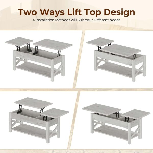 Rolanstar Coffee Table 47.2", 2 Way Lift Top Farmhouse Center Table with Hidden Compartment, Open Shelf & X Wooden Support for Living Room, Grey - Image 7