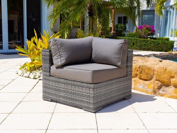 Sorrento 7-Piece Resin Wicker Outdoor Patio Furniture Sectional Sofa Set in Gray w/Four Sectional Pieces, Ottoman, Armchair, and Coffee Table (Flat-Weave Gray Wicker, Sunbrella Canvas Charcoal) - Image 4